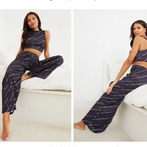 NWT PRETTYLITTLETHING Script Ruched Crop Top And Wide Leg Pj Set Pants